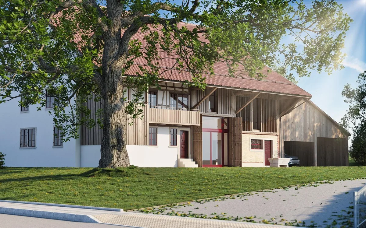 Visualisierung von einem Neubau am Bauernhaus.